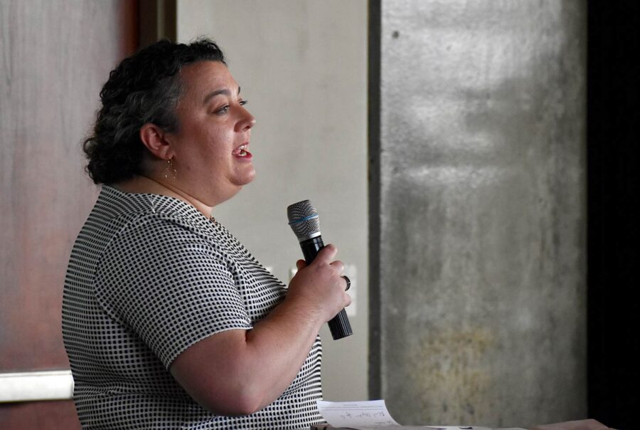 Melissa Roberts Chapman, the KC BioHub’s regional innovation officer, delivers remarks in March 2024 at a Tech Hubs celebration event at Boulevard Brewing marking Kansas City's funding submission; photo by Nikki Overfelt Chifalu, Startland News